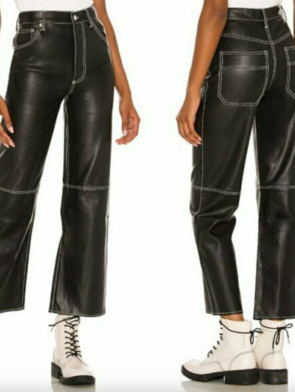 We The Free Black Faux Leather Wide-Leg Pants with Contrast Stitching